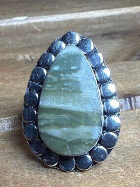 Vintage Style Green Lace Agate Gemstone Ring Size 9 Silver 925 Bohemian Boho